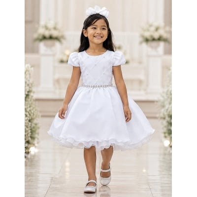 Vestido Infantil Branco Cinto Pérolas Damas Casamento Luxo Vestido Infantil Branco Cinto Pérolas Damas Casamento Luxo