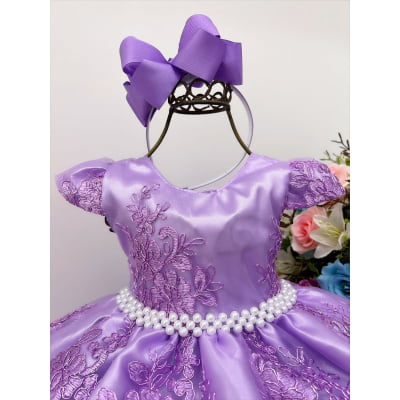 Vestido Infantil Lilás Com Renda Realeza Cinto de Pérolas