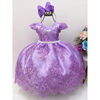 Vestido Infantil Lilás Com Renda Realeza Cinto de Pérolas Vestido Infantil Lilás Com Renda Realeza Cinto de Pérolas