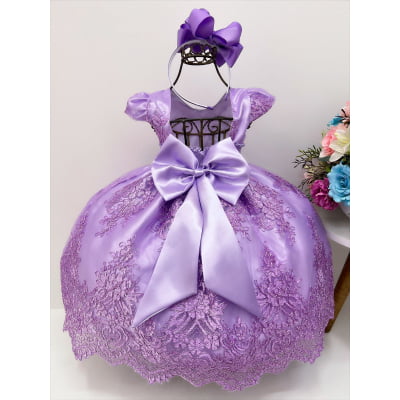 Vestido Infantil Lilás Com Renda Realeza Cinto de Pérolas
