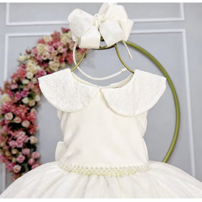 Vestido Infantil Luxo Festa Off White com Glitter e Pérolas