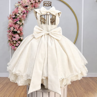 Vestido Infantil Luxo Festa Off White com Glitter e Pérolas