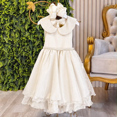 Vestido Infantil Luxo Festa Off White com Glitter e Pérolas