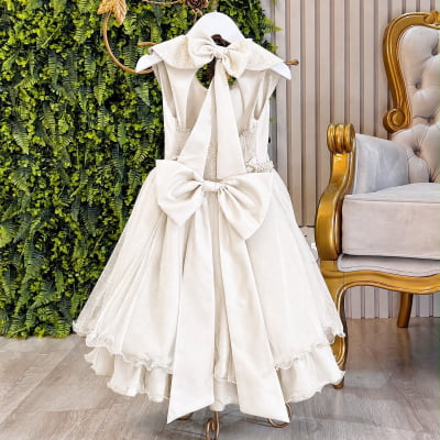 Vestido Infantil Luxo Festa Off White com Glitter e Pérolas