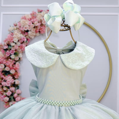 Vestido Infantil Luxo Festa Verde Menta com Glitter e Pérolas