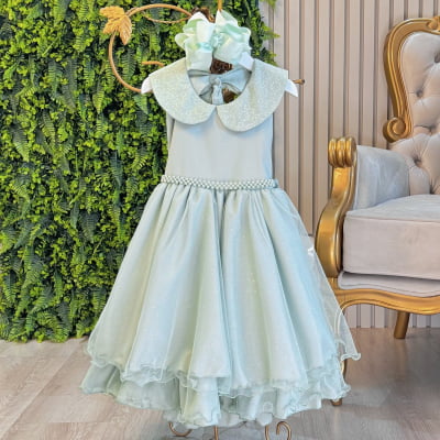 Vestido Infantil Luxo Festa Verde Menta com Glitter e Pérolas