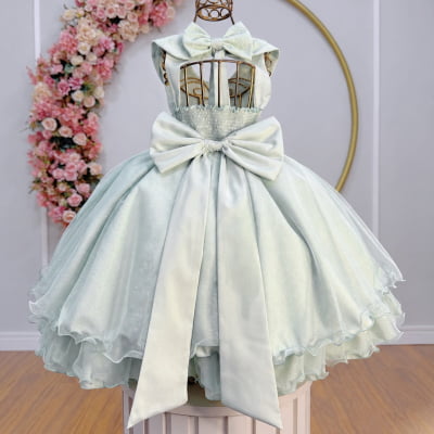 Vestido Infantil Luxo Festa Verde Menta com Glitter e Pérolas