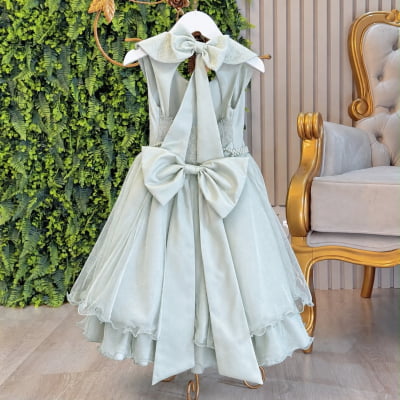Vestido Infantil Luxo Festa Verde Menta com Glitter e Pérolas
