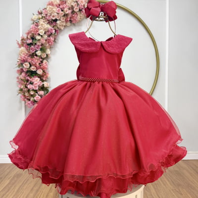 Vestido Infantil Luxo Festa Vermelho com Glitter e Pérolas