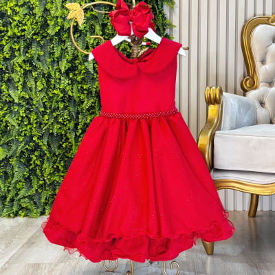 Vestido Infantil Luxo Festa Vermelho com Glitter e Pérolas