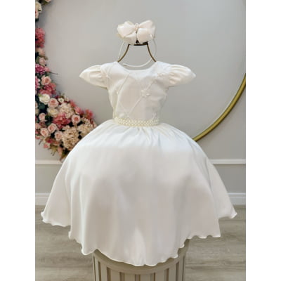 Vestido Infantil Marfim Busto C/ Nervuras Flores Festas Luxo