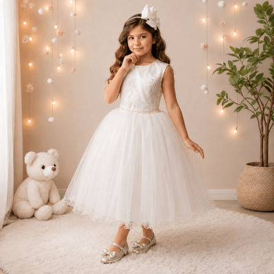 Vestido Infantil Marfim C/ Cinto Pérola Strass Damas de Honra