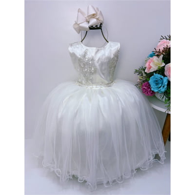 Vestido Infantil Marfim C/ Cinto Pérola Strass Damas de Honra