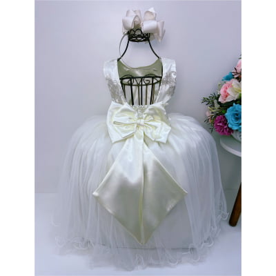 Vestido Infantil Marfim C/ Cinto Pérola Strass Damas de Honra
