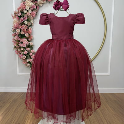 Vestido Infantil Marsala Longo daminha Tule Glitter e Mangas