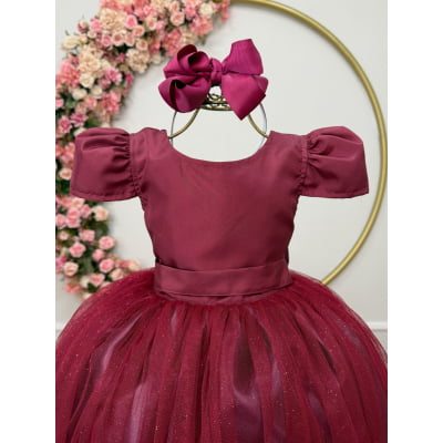 Vestido Infantil Marsala Longo daminha Tule Glitter e Mangas