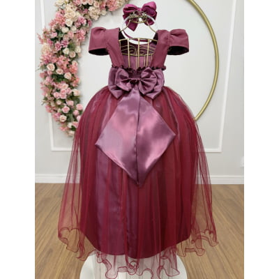 Vestido Infantil Marsala Longo daminha Tule Glitter e Mangas