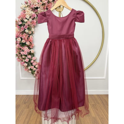 Vestido Infantil Marsala Longo daminha Tule Glitter e Mangas
