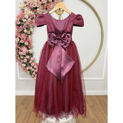 Vestido Infantil Marsala Longo daminha Tule Glitter e Mangas