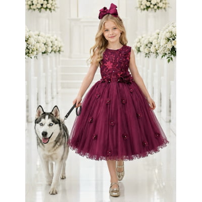 Vestido Infantil Marsala Rendado Luxo Flores em Aplique Vestido Infantil Marsala Rendado Luxo Flores em Aplique