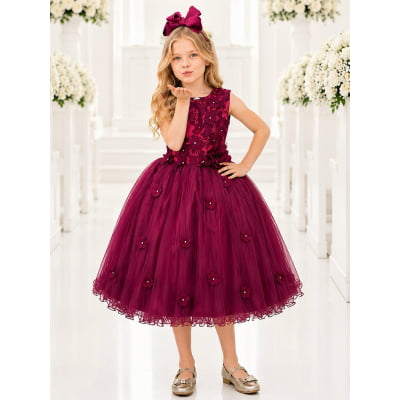 Vestido Infantil Marsala Rendado Luxo Flores em Aplique