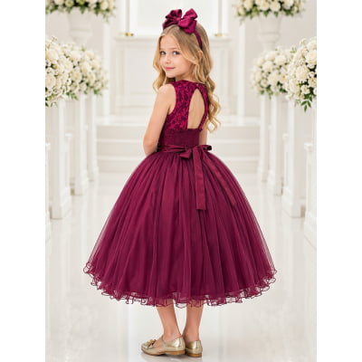 Vestido Infantil Marsala Rendado Luxo Flores em Aplique