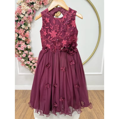 Vestido Infantil Marsala Rendado Luxo Flores em Aplique