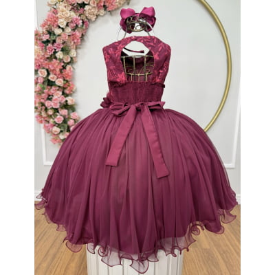 Vestido Infantil Marsala Rendado Luxo Flores em Aplique