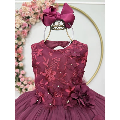 Vestido Infantil Marsala Rendado Luxo Flores em Aplique