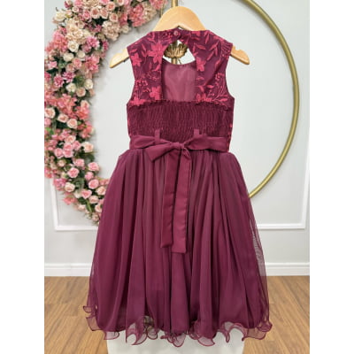 Vestido Infantil Marsala Rendado Luxo Flores em Aplique