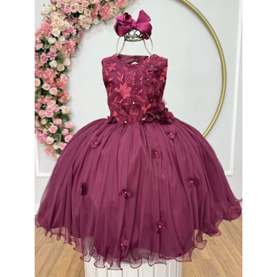 Vestido Infantil Marsala Rendado Luxo Flores em Aplique Vestido Infantil Marsala Rendado Luxo Flores em Aplique