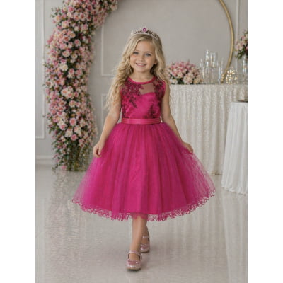 Vestido Infantil Pink Renda Saia Brilho Cinto Strass