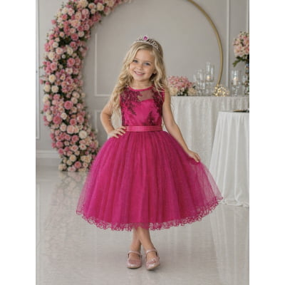 Vestido Infantil Pink Renda Saia Brilho Cinto Strass