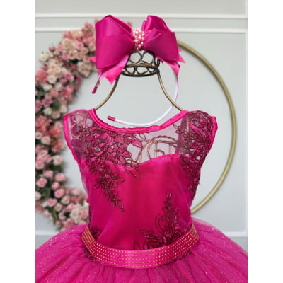 Vestido Infantil Pink Renda Saia Brilho Cinto Strass