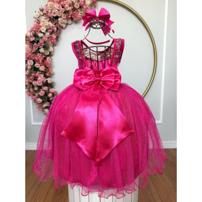 Vestido Infantil Pink Renda Saia Brilho Cinto Strass