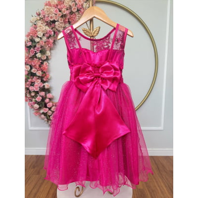 Vestido Infantil Pink Renda Saia Brilho Cinto Strass