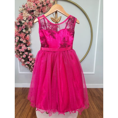 Vestido Infantil Pink Renda Saia Brilho Cinto Strass