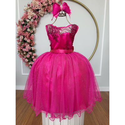 Vestido Infantil Pink Renda Saia Brilho Cinto Strass Vestido Infantil Pink Renda Saia Brilho Cinto Strass