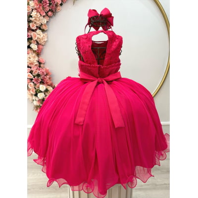 Vestido Infantil Pink Rendado Luxo Flores em Aplique