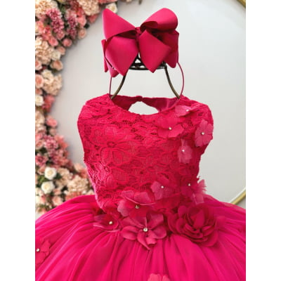 Vestido Infantil Pink Rendado Luxo Flores em Aplique