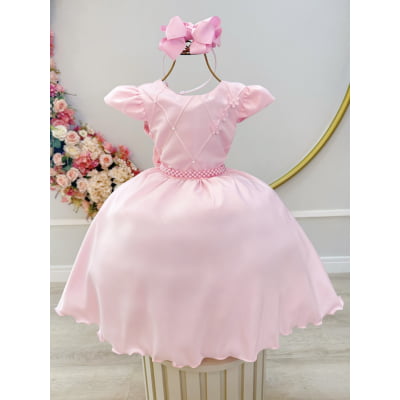 Vestido Infantil Rosa Busto C/ Nervuras Flores Festas Luxo