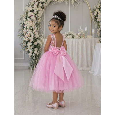 Vestido Infantil Rosa Renda Cinto Strass Tule Brilho Damas