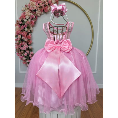Vestido Infantil Rosa Renda Cinto Strass Tule Brilho Damas