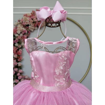 Vestido Infantil Rosa Renda Cinto Strass Tule Brilho Damas
