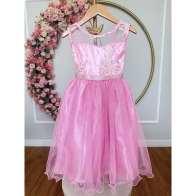 Vestido Infantil Rosa Renda Cinto Strass Tule Brilho Damas