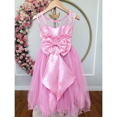 Vestido Infantil Rosa Renda Cinto Strass Tule Brilho Damas