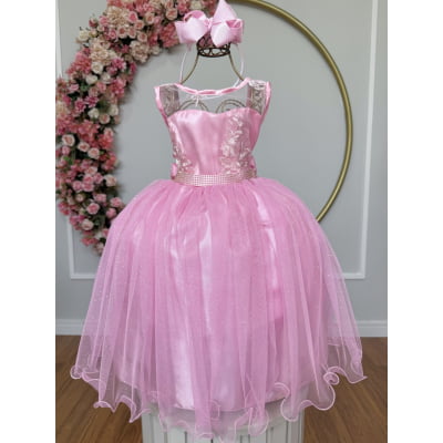 Vestido Infantil Rosa Renda Cinto Strass Tule Brilho Damas Vestido Infantil Rosa Renda Cinto Strass Tule Brilho Damas