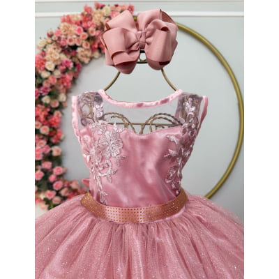 Vestido Infantil Rosé Renda e Tule com Brilho Damas Honra