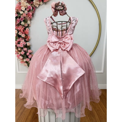 Vestido Infantil Rosé Renda e Tule com Brilho Damas Honra