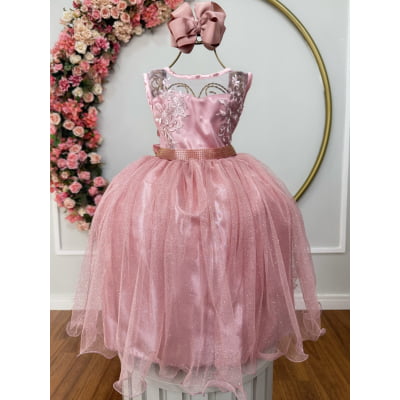 Vestido Infantil Rosé Renda e Tule com Brilho Damas Honra
